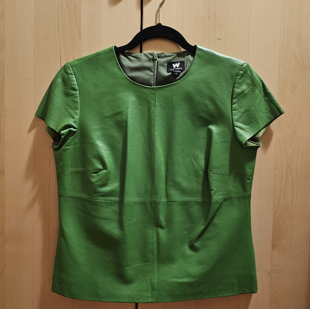 W by Worth Fitted Green Short Sleeve Leather Top